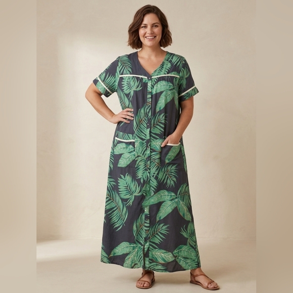Ekouaer Other - Ekouaer Tropical Palm Leaf Snap-Front House Dress/mumu - Size M